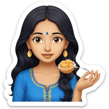 a pretty tan indian bratz girl with wavy long BLACK hair. eyeliner on, wearing a blue kurti, eating golgappa. NO SPOON sticker