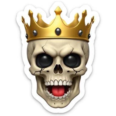 Demonic 3D skull holding its head by its hand in shock, mouth open, wearing a golden crown, dark horror vibe sticker