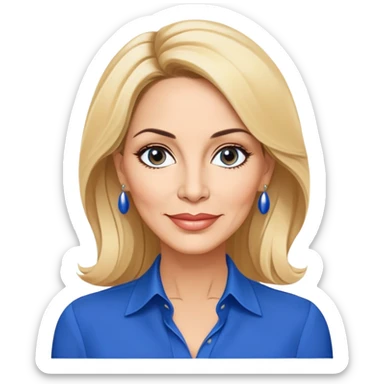 Linette Torres, 50-something Puerto Rican actress with fair complexion, beautiful mature facial features, bright expressive eyes, defined cheekbones with slight age lines, full lips with warm smile, blonde hair with sophisticated styling, wearing a stylish blue blouse sticker