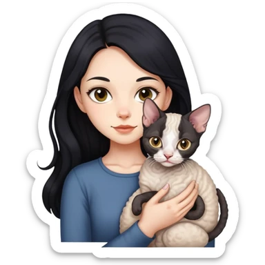 A girl with long black hair holding a Devon cat sticker