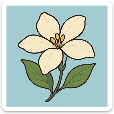flor de jazmín simple y elegante sobre fondo celeste, estilo cartoon sticker