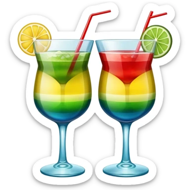 Create an emoji of two cocktails cheers action, one glass of green and yellow color and one glass of blue and red, without any fruit sticker