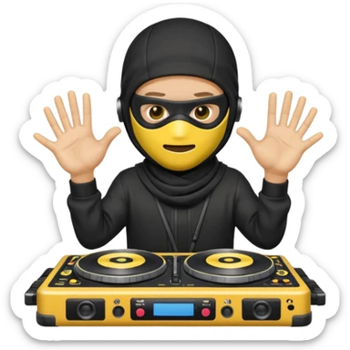 Make a customized yellow head emoji with hands and holding a dj turn table  in a  ninja face mask sticker