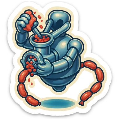 hovering robot. stuffs material into large hole on its top with 2 arms. no head. hole is where a head would be. spinning gears and blades in hole grind red chunks. sausage links come our of hole on backside.  3/4 view. between realism and cartoon. well lit. no dramatic lighting. metallic shiny robot. works diligently. dark humor sticker