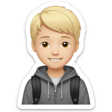 emoji of a teenage boy, short blonde hair, wearing a hoodie and backpack, cheerful look sticker