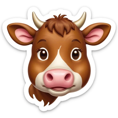 Cinematic Cute Brown Cow Portrait Emoji, Head tilted playfully and inquisitively, featuring a glossy, rich brown hide with a natural sheen, round, sparkling brown eyes filled with gentle curiosity, Simplified yet irresistibly adorable features, highly detailed, glowing with a warm, friendly glow, high shine, affectionate and serene, stylized with a touch of country charm, bright and endearing, soft glowing outline, capturing the essence of a mischievous yet loving cow, so playful it feels like it could moo out of the screen and into your arms! sticker
