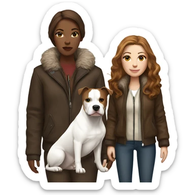 white woman with long brown hair in a furry jacket standing alongside a white pitbull sticker
