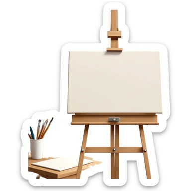 Cinematic Realistic image of a pristine canvas mounted on a sturdy wooden easel, with the canvas’ smooth surface and the easel’s detailed grain rendered in soft natural light, evoking a quiet moment of creative anticipation sticker