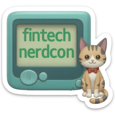 please create me a tamagotchi that syas fintech nerdcon on the screen with a cute little cat sticker