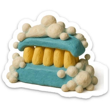 cleaning brush with soap bubbles, pastel palette, visible clay texture in claymation style sticker