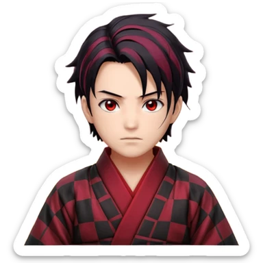 “Tanjiro Kamado, burgundy eyes, black hair with red tips, ember-textured scar, checkered haori, ultra-detailed anime realism, sharp strands, glowing highlights, 8k cinematic look.” sticker