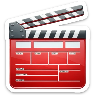 Glossy bright red clapperboard in the classic style of Apple icons: the top bar is tilted up-left, the body and bar with a deep glossy glare, dark gray edging, black background inside, perfectly square with rounded corners. 🔴🎬✨ sticker