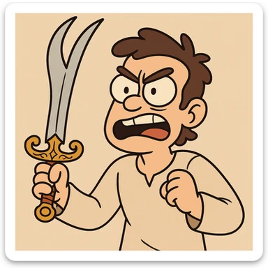 bifurcated sword inspired by Zulfiqar, with a split blade and ornate hilt, stylized in a flat toon style sticker