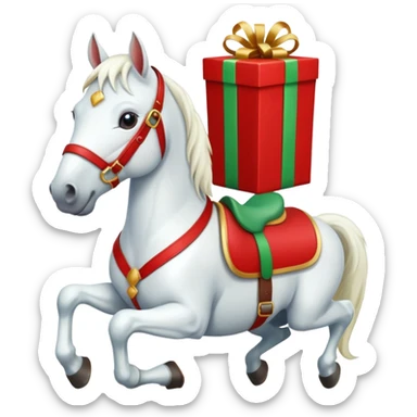 christmas new year's white horse with a red saddle with gift box on saddle sticker