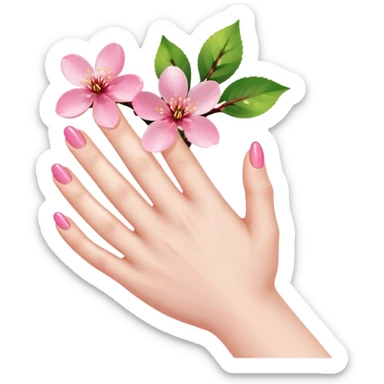 hand with shiny natural nails and a small cherry blossom sticker