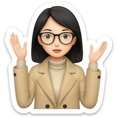 asian young woman black-haired in beige coat with glasses sticker