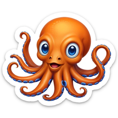 Cinematic Realistic Comical Octopus Portrait Emoji, Head tilted dramatically with an exaggeratedly amused expression, featuring a striking, glossy orange body adorned with bold blue rings and wide, expressive eyes brimming with playful disbelief; rendered with vivid natural textures and dynamic highlights, high shine, dramatic yet playful, styled with an air of cheeky ocean mischief, soft glowing outline, capturing the essence of a spirited and over‐the‐top octopus that looks ready to squirt ink its way into viral fame! sticker