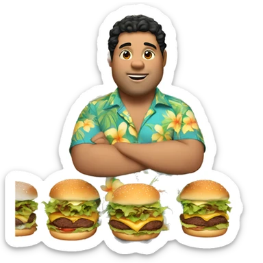 Fat guy wearing hawaiian shirt, black short curly hair, eating burger, belly showing sticker
