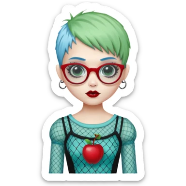 Ghoulia yelps monster high doll in scene/emo style cherry print dress with fishnet sleeves, clothes, thin, small, red, rectangle glasses, pale white-blue skin, pale-green pixie-cut, zombie scars , boy sticker