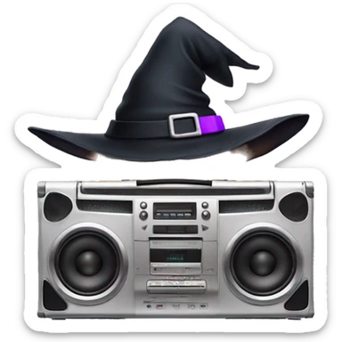 Boombox wearing a witch hat sticker