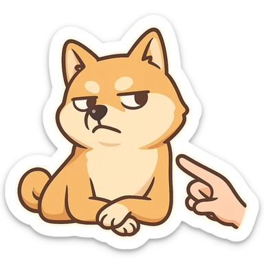 One hand pointed at the Shiba Inu, and the Shiba Inu lay down with his hands folded, turned his head away, but his expression was full of pride and disdain. sticker