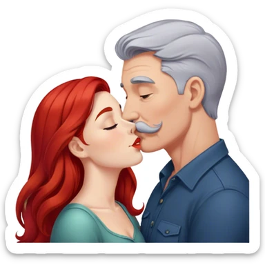 Long red hair woman kissing man with short gray hair and mustache sticker
