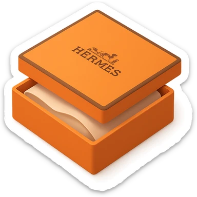 3D style orange Hermès box, slightly open with tissue paper inside, Hermès logo on the center, same square shape and proportions as reference, minimal, on white or transparent background, alternate angle sticker