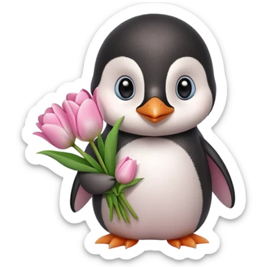 Cute baby penguin holding flower bouquet wraped in white paper and all flowers tulips in pink colour sticker
