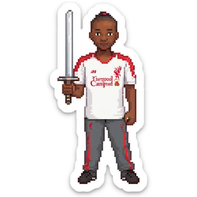 A black man holding a sword, wearing a Liverpool FC shirt and trousers sticker