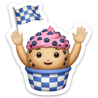 blueberry muffin with arms waving a checkered race flag sticker