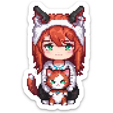 A chibi version of a character with red hair, horns, and a black and white cat, in a pixel art style. sticker
