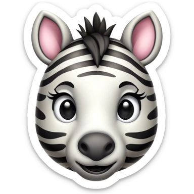 Cinematic Cute Zebra Portrait Emoji, Head tilted playfully and inquisitively, featuring a glossy, intricately striped Fur of black and white with round, sparkling eyes filled with curious wonder, Simplified yet irresistibly adorable features, highly detailed, glowing with a warm, friendly glow, high shine, affectionate and spirited, stylized with a touch of savannah whimsy, bright and endearing, soft glowing outline, capturing the essence of a mischievous yet loving zebra, so playful it feels like it could prance out of the screen and into your arms! sticker