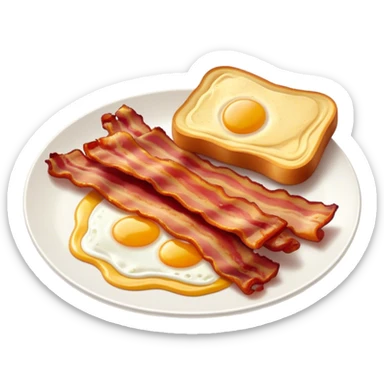 Cinematic crispy sizzling bacon, slightly curled, golden-brown with a perfect crunch, glistening with rich flavor, deep warm tones, served on a breakfast plate, comforting and indulgent. sticker