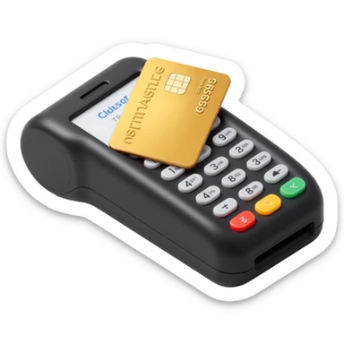 shiny credit card being swiped on a payment terminal, skeuomorphism style sticker