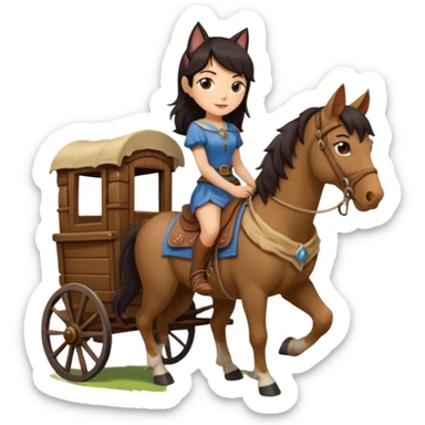  Rustic wood detailed 1854 driving and pretty dark-haired Catgirl riding a huge horse drawn Caravan alone together on a romantic trail in the woods  sticker