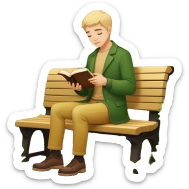 silhouette of white man sitting with book on bench surrounded by bushes gold color palette sticker