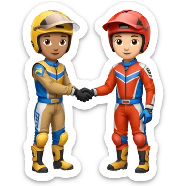 2 dirtbike racers in gear and gloves shaking hands sticker