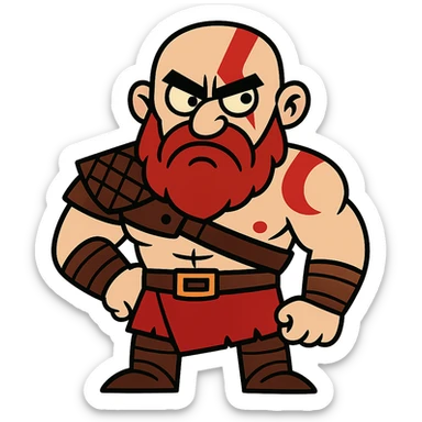 Funny cartoon version of Kratos with exaggerated features, looking grumpy sticker