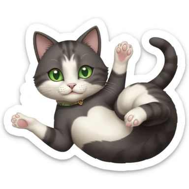 beautiful female solid dark grey cat with green eyes, white toes/paws and white patch on her chest playfully rolling upside down sticker