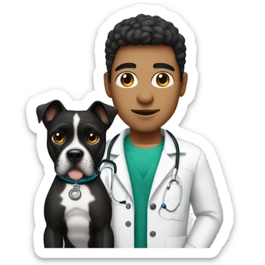 Young Mexican doctor with big black boxer dog with white face sticker