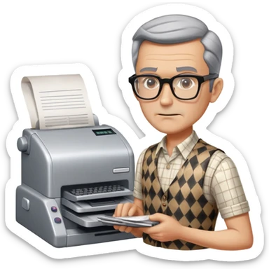 Hair: Salt-and-pepper comb-over with precise part Face: Deep nasolabial folds, thin rectangular glasses Clothes: Checkered vest over short-sleeved dress shirt Action: Slamming vintage fax machine with muttered curses sticker