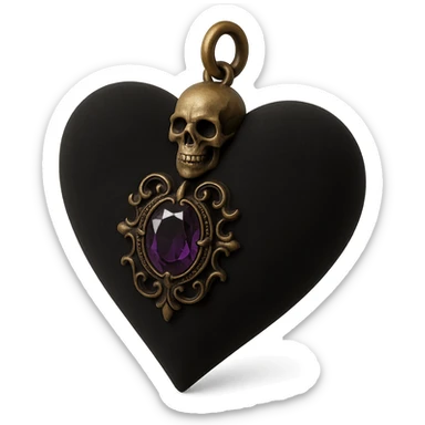 3D black style gothic heart, black velvet texture, silver skull charm, deep purple gemstone, ornate and dark gothic design sticker