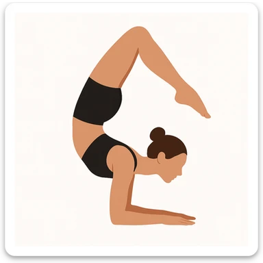 Minimalist flat vector illustration of a woman doing yoga (Vrischikasana), wearing sportswear (black top and black shorts), brown hair in a bun, clean white background, no face details, elegant style sticker