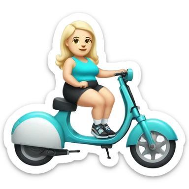 Chubby blonde girl with pattern baldness in a cyan shirt, bike shorts, black slide sandals and white socks riding a kick scooter sticker