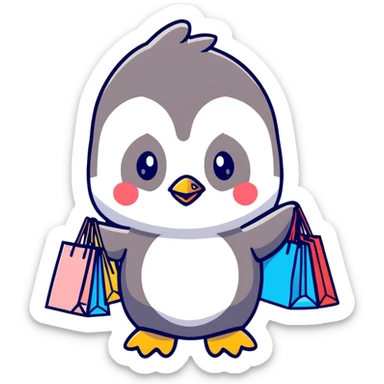 kawaii baby penguin at a shopping mall with shopping bags sticker
