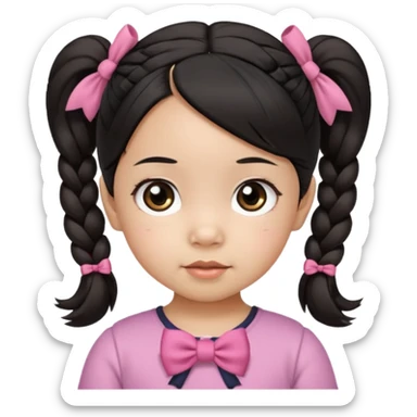 mixed toddler girl asian and american with bow pigtails, dark brown/black hair with big brown eyes sticker