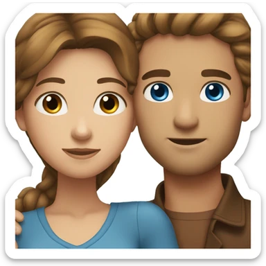couple hugging each other. The man has short brown hair and blue eyes. The woman has long brown hair and blue eyes sticker