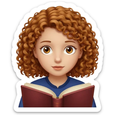 girl with brown light hair curly, ambre eye, reading a book sticker