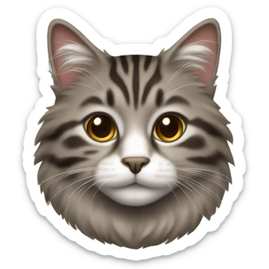fluffy grey brown tabby cat with white nose sticker