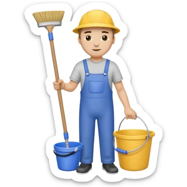 ligth man in cleaning clothes, holding a broom and a bucket sticker
